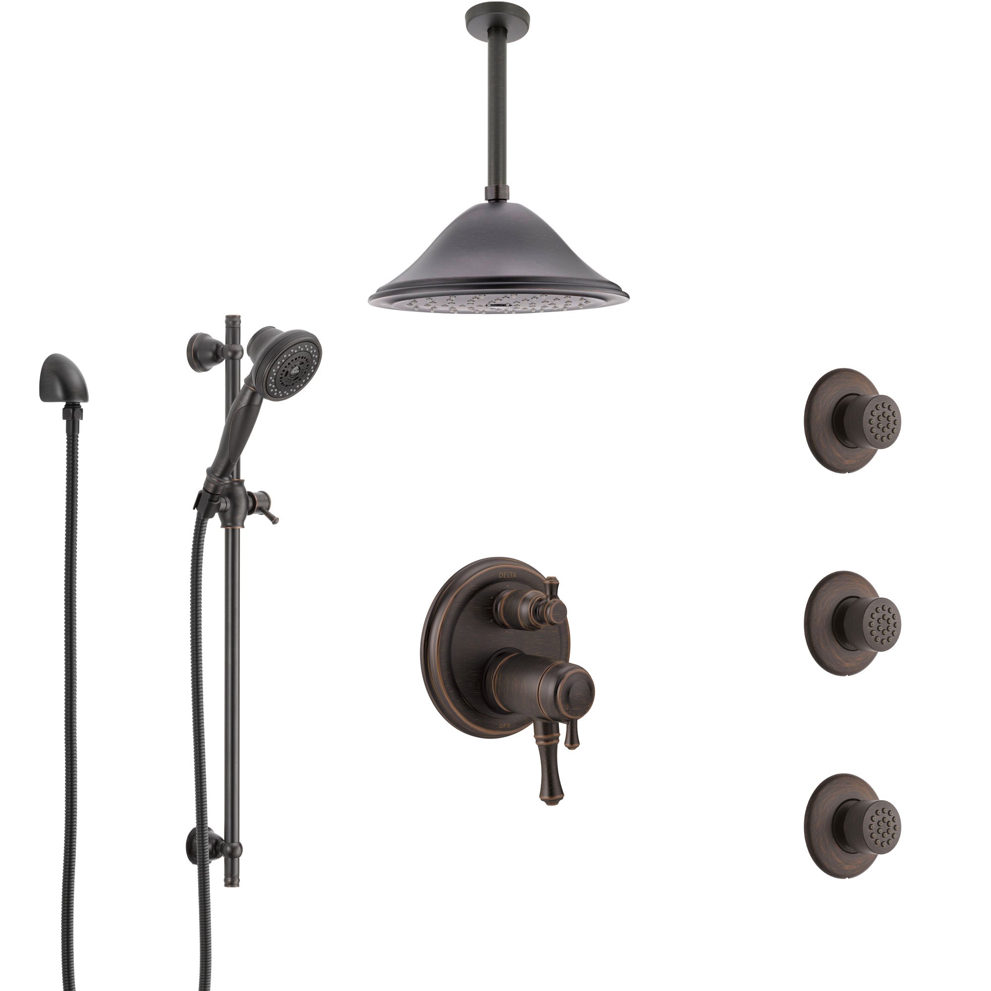 Delta Cassidy Venetian Bronze Dual Thermostatic Control Integrated Diverter Shower System, Ceiling Showerhead, 3 Body Sprays, Hand Spray SS27T997RB7