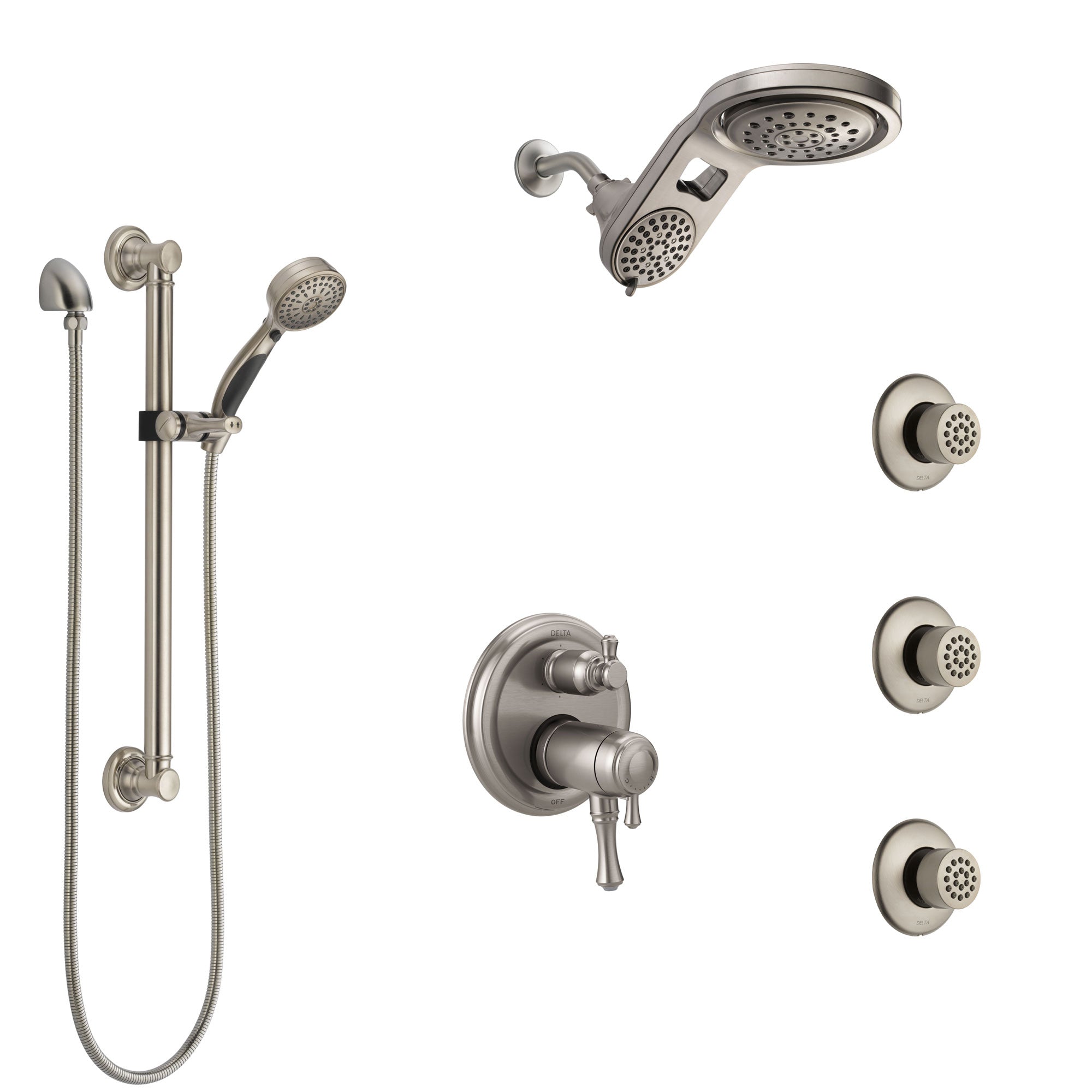 Delta Cassidy Dual Thermostatic Control Stainless Steel Finish Shower System, Dual Showerhead, 3 Body Jets, Grab Bar Hand Spray SS27T997SS10
