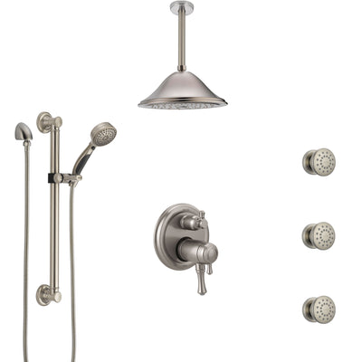 Delta Cassidy Dual Thermostatic Control Stainless Steel Finish Shower System, Ceiling Showerhead, 3 Body Jets, Grab Bar Hand Spray SS27T997SS4