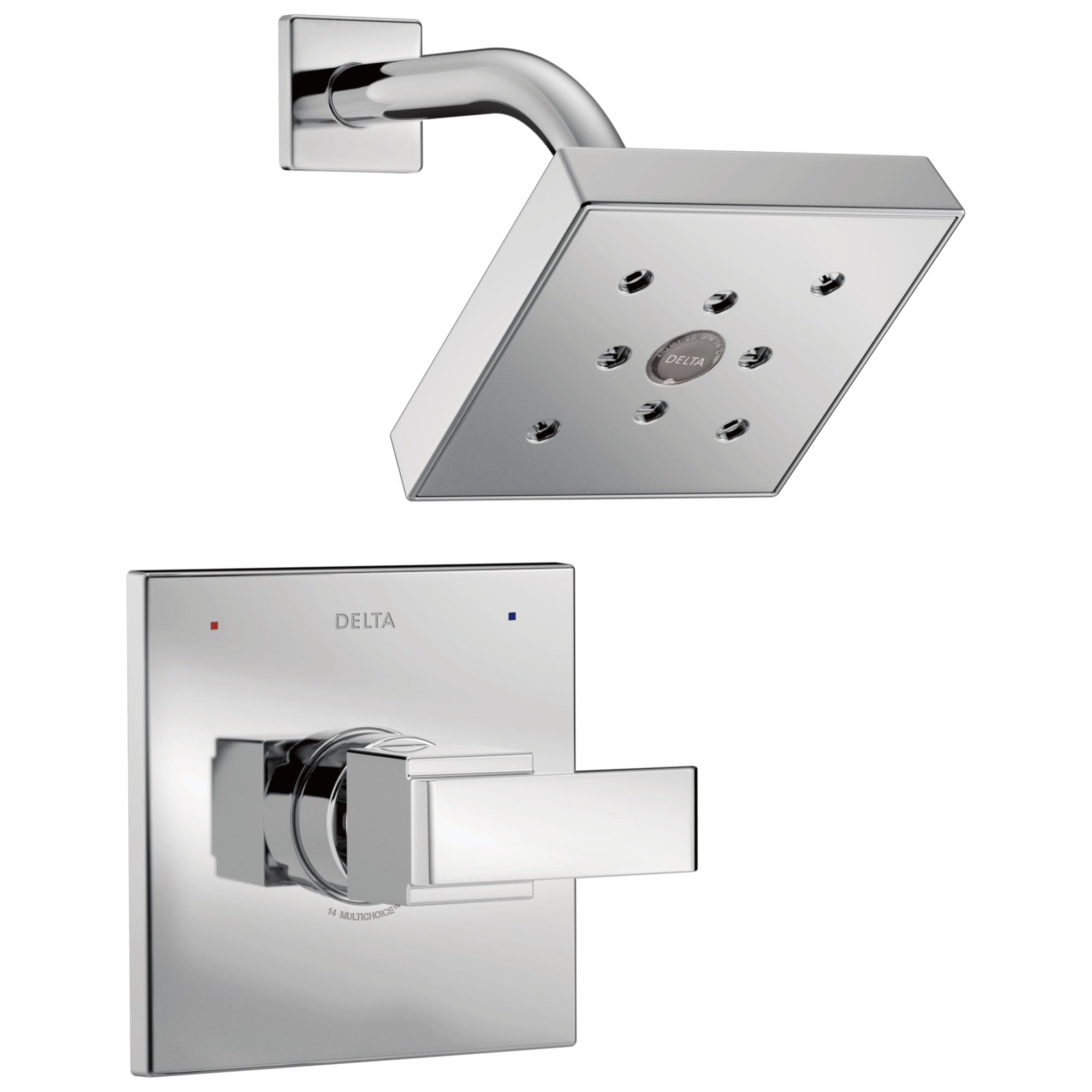 Delta Ara Collection Chrome Monitor 14 Series H2Okinetic Square Showerhead and Modern Single Handle Control Includes Rough-in Valve with Stops D2442V
