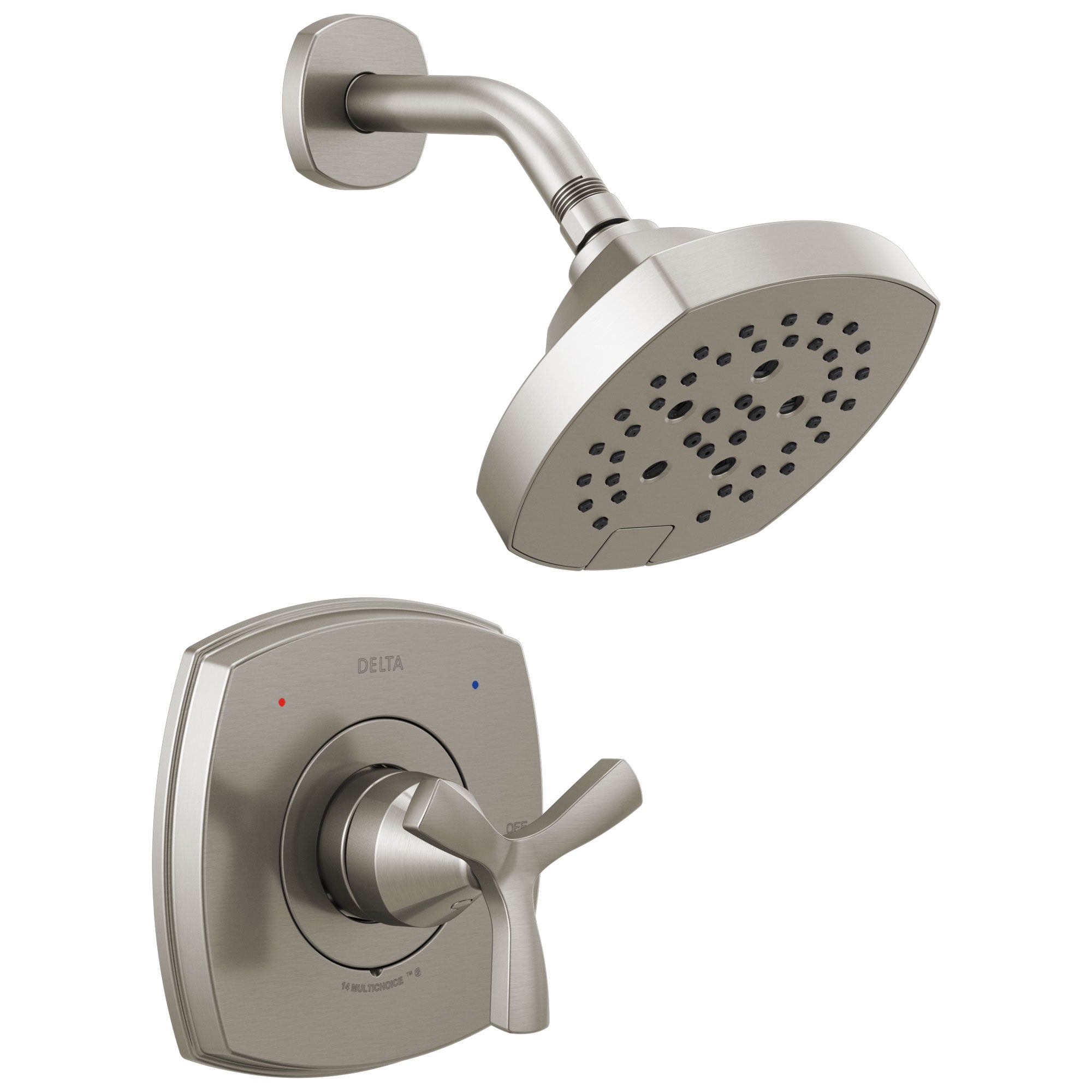 Delta Stryke Stainless Steel Finish 14 Series Shower Only Faucet Includes Helo Cross Handle, Cartridge, and Rough-in Valve without Stops D3493V
