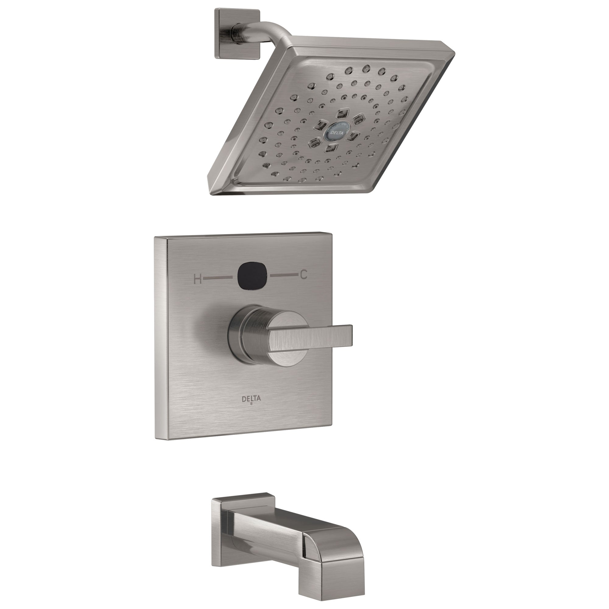 Delta Stainless Steel Finish Ara Modern 14 Series Digital Display Temp2O One Handle Tub and Shower Combination Faucet Includes Valve without Stops D2008V