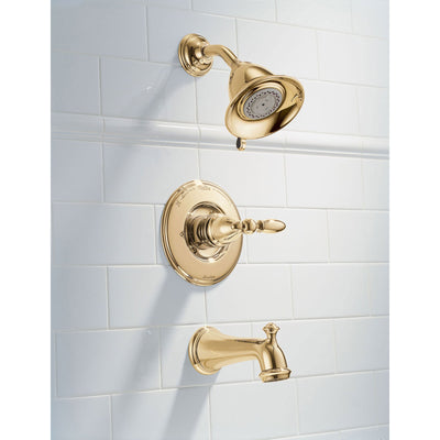 Delta Traditional Victorian Polished Brass Finish 14 Series Tub and Shower Faucet Combo INCLUDES Rough-in Valve with Stops and Single Lever Handle D1187V
