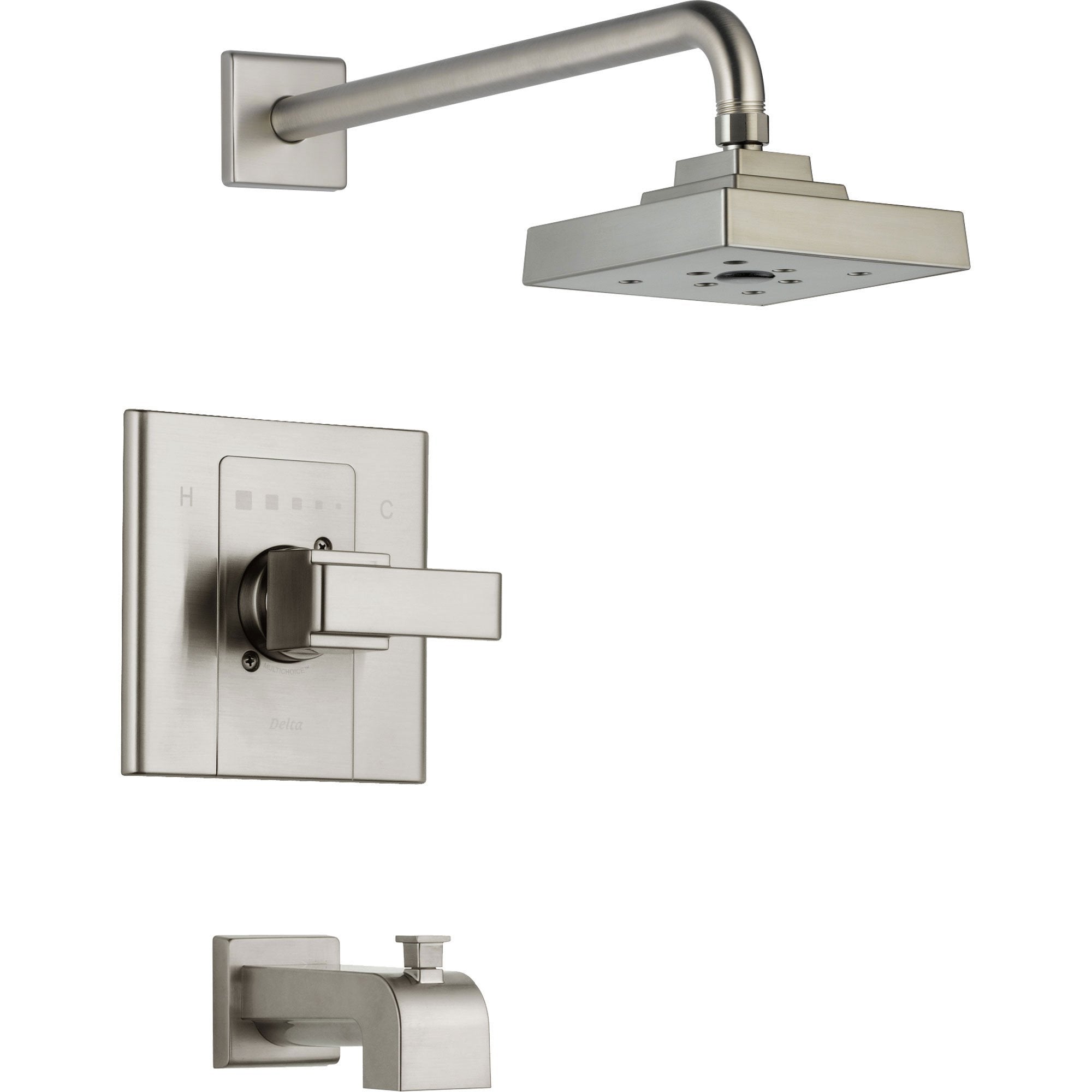 Delta Arzo Stainless Steel Finish Tub and Large Shower Faucet with Valve D270V