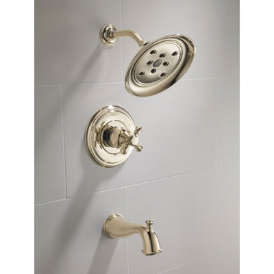 Delta Cassidy Collection Polished Nickel Monitor 14 Tub and Shower Faucet Combination INCLUDES Single Cross Handle and Rough-Valve with Stops D1479V