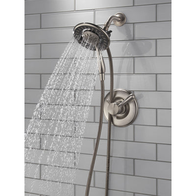 Delta Linden Stainless Steel Finish Dual Control Shower only Faucet with Handspray and Showerhead Combo Includes Trim Kit and Rough Valve without Stops D2315V