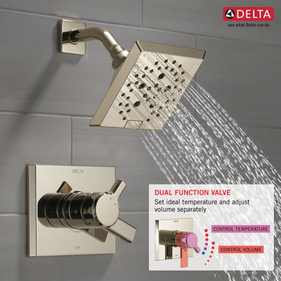 Delta Pivotal Modern Polished Nickel Finish H2Okinetic Shower only Faucet Includes 17 Series Cartridge, Handles, and Valve without Stops D3357V