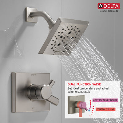 Delta Pivotal Modern Stainless Steel Finish H2Okinetic Shower only Faucet Includes 17 Series Cartridge, Handles, and Valve without Stops D3355V