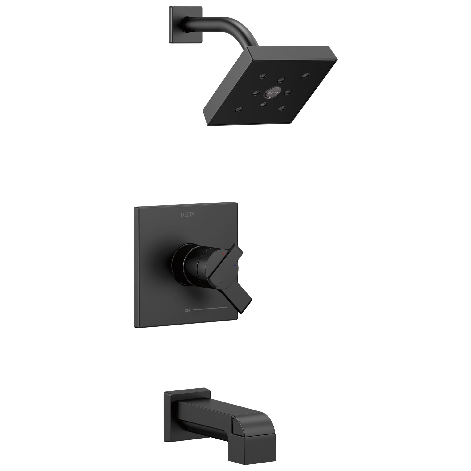 Delta Ara Collection Matte Black Finish Modern Temperature and Water Pressure Dual Control Tub & Shower Faucet Combo Includes Rough Valve with Stops D2296V