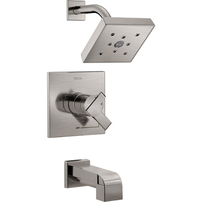 Delta Ara Modern Stainless Steel Finish H2Okinetic Tub and Shower Combination Faucet with Dual Temperature and Pressure Control INCLUDES Rough-in Valve with Stops D1113V