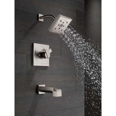 Delta Ara Modern Stainless Steel Finish H2Okinetic Tub and Shower Combination Faucet with Dual Temperature and Pressure Control INCLUDES Rough-in Valve with Stops D1113V