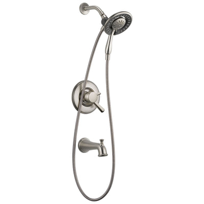 Delta Linden Collection Stainless Steel Finish Dual Control Tub and Shower Faucet with Hand Spray / Showerhead Combo Includes Rough Valve without Stops D2283V