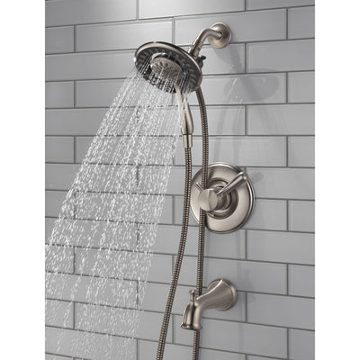 Delta Linden Collection Stainless Steel Finish Dual Control Tub and Shower Faucet with Hand Spray / Showerhead Combo Includes Rough Valve without Stops D2283V