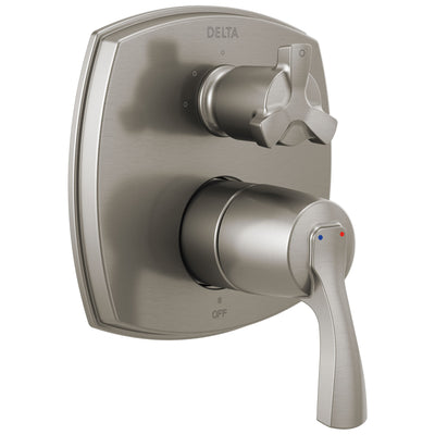 Delta Stryke Stainless Steel Finish 14 Series Shower System Control with 3 Function Integrated Cross Handle Diverter Includes Valve and Handles D3766V