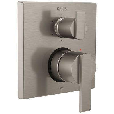 Delta Ara Stainless Steel Finish Modern Shower Faucet Control Handle with 6-Setting Integrated Diverter Includes Trim Kit and Rough-in Valve with Stops D2191V