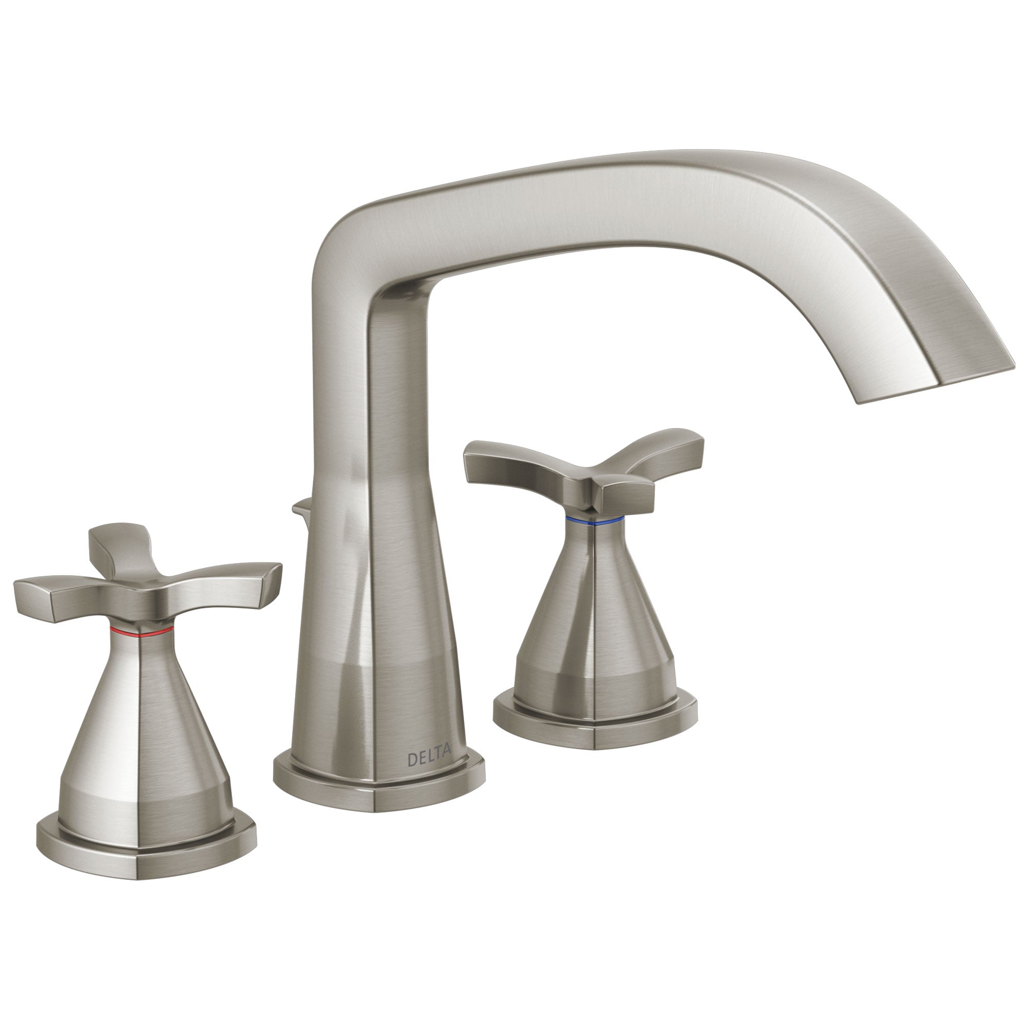 Delta Stryke Collection Stainless Steel Finish Three Hole Roman Tub Filler Faucet Includes Rough-in Valve and Helo Cross Handles D3158V