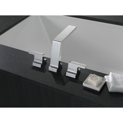 Delta Pivotal Modern Chrome Finish Deck Mount Roman Tub Filler Faucet Includes Handles and Rough-in Valve D3118V