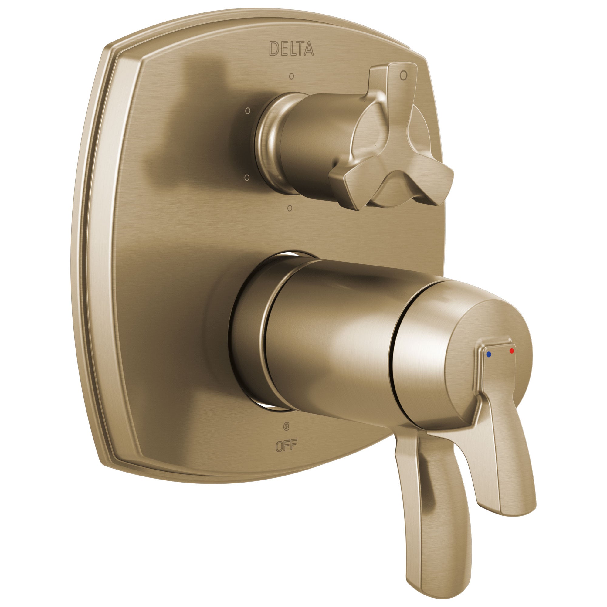 Delta Stryke Champagne Bronze Thermostatic Shower System Control with 6 Setting Integrated Cross Handle Diverter Includes Valve & Handles D3080V