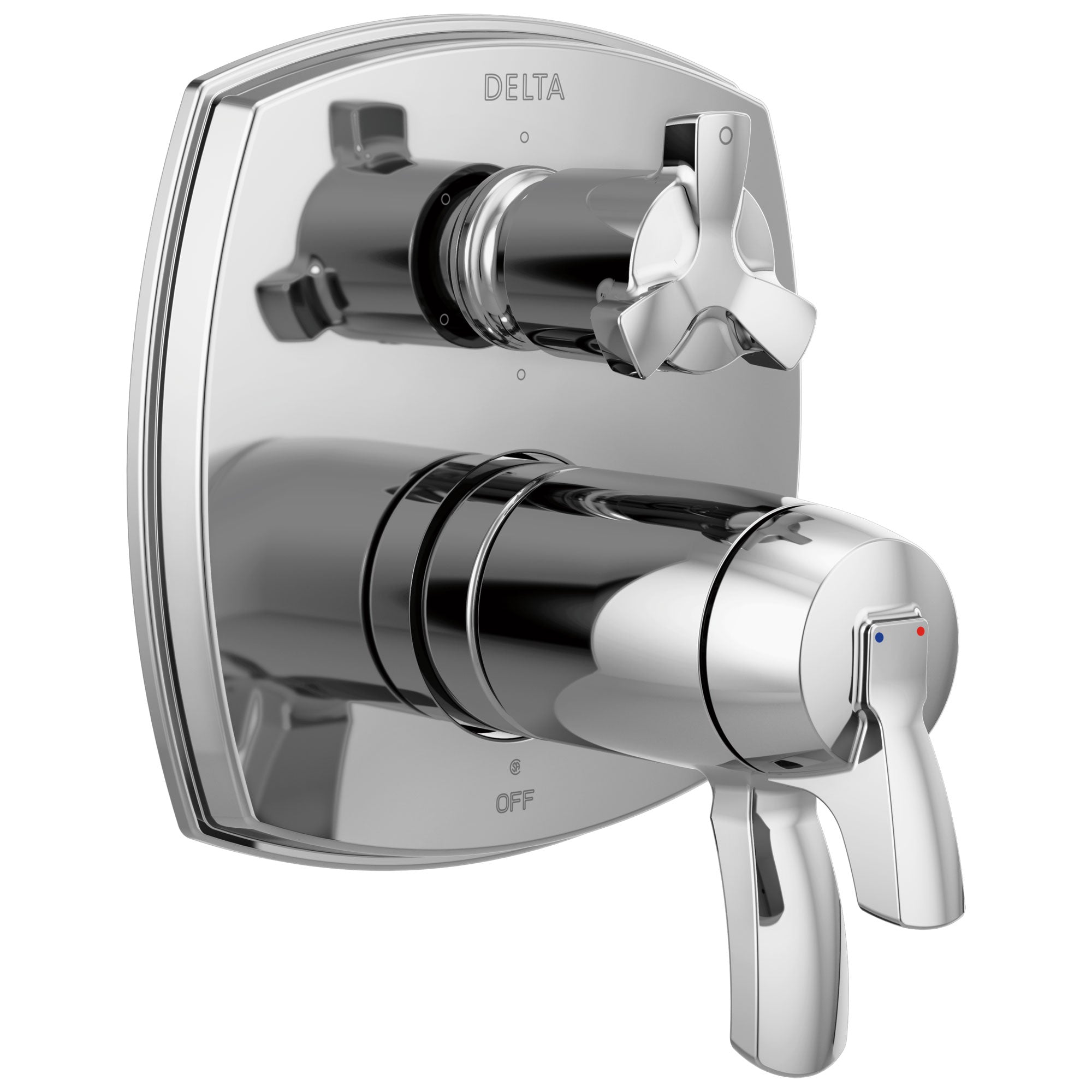 Delta Stryke Chrome Finish Thermostatic Shower System Control with 6 Setting Integrated Cross Handle Diverter Includes Valve & Handles D3078V