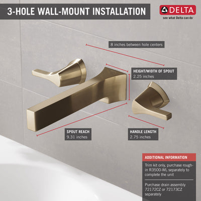 Delta Zura Champagne Bronze Finish Two Handle Wall Mount Bathroom Sink Faucet Trim Kit (Requires Valve) DT3574LFCZWL