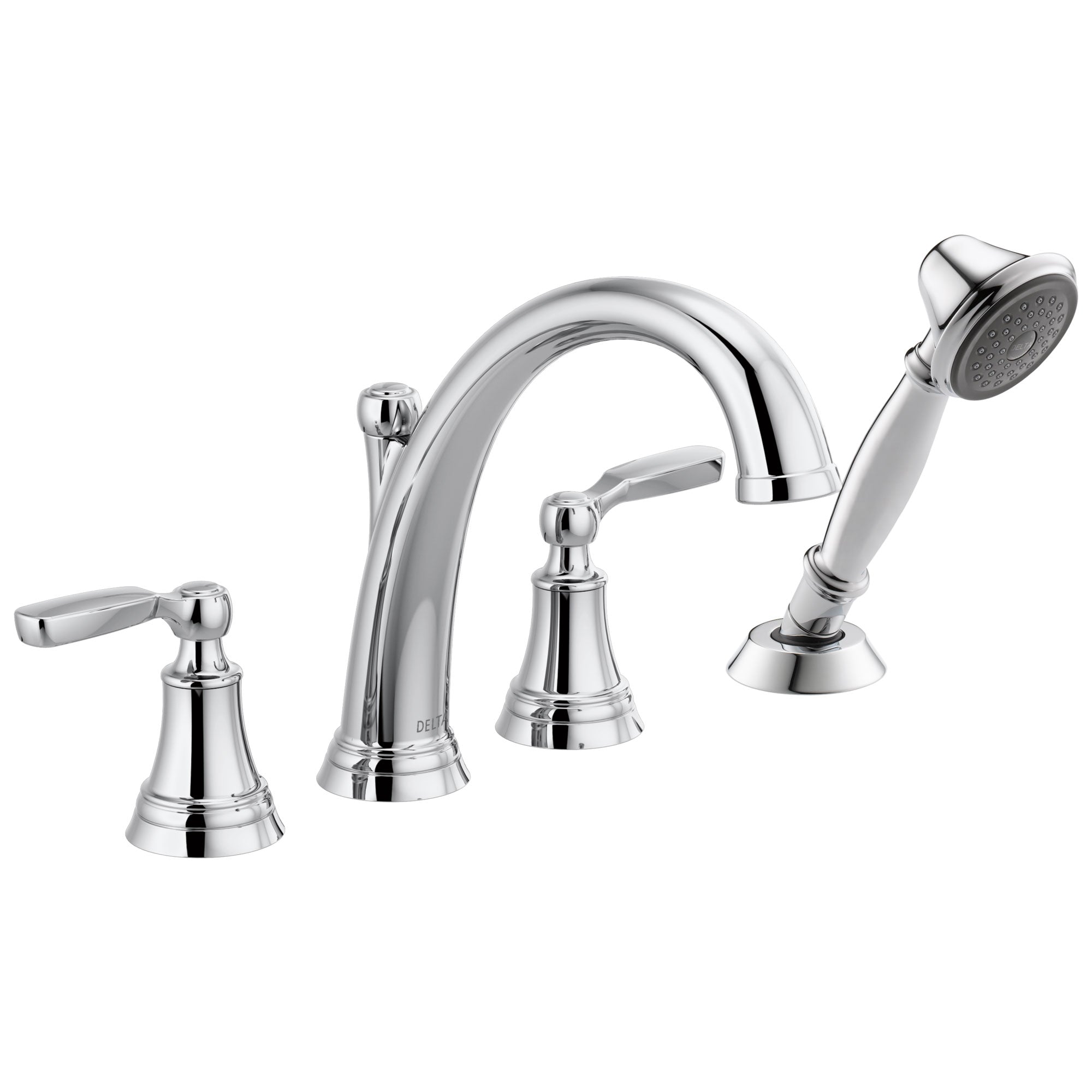 Delta Woodhurst Chrome Finish 2 Handle Roman Tub Filler Faucet with Hand Shower Includes Rough-in Valve D3054V
