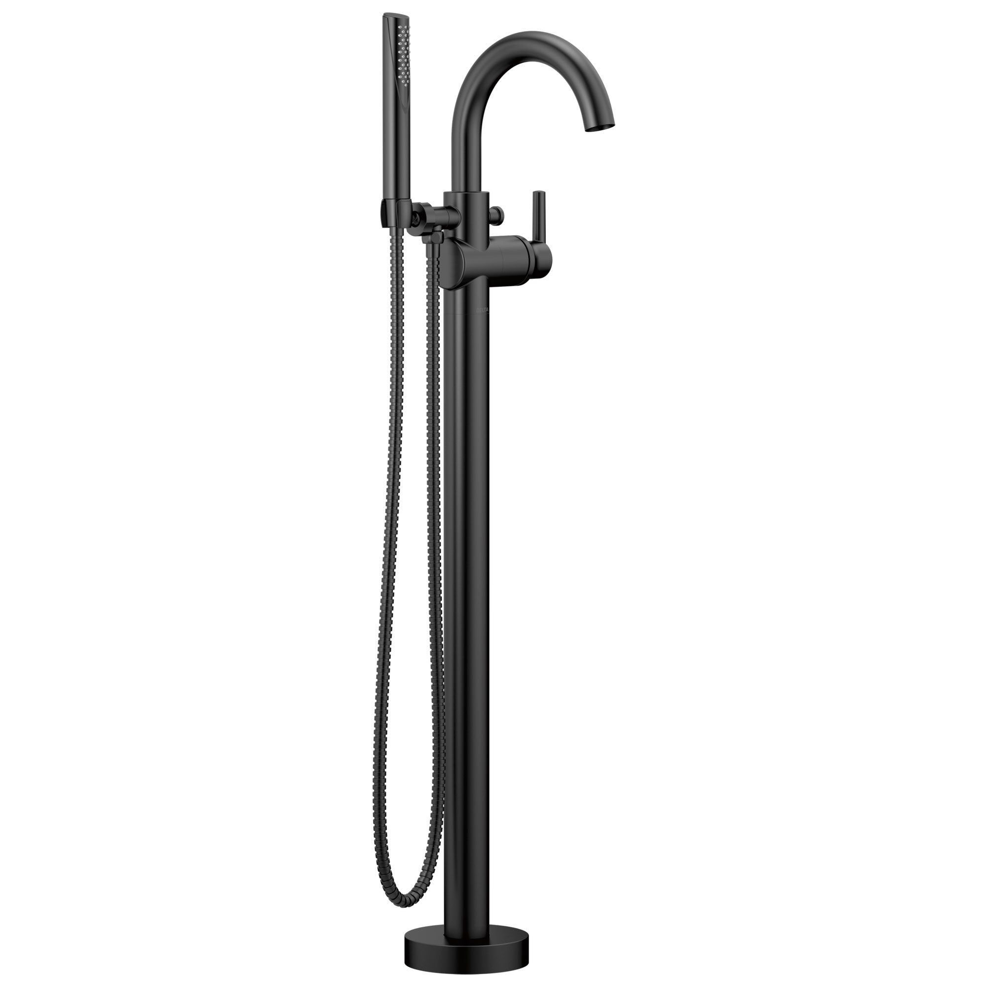 Delta Trinsic Collection Matte Black Finish Contemporary Floor-Mount Free Standing One Handle Tub Filler Faucet Includes Trim Kit and Rough-in Valve D2077V