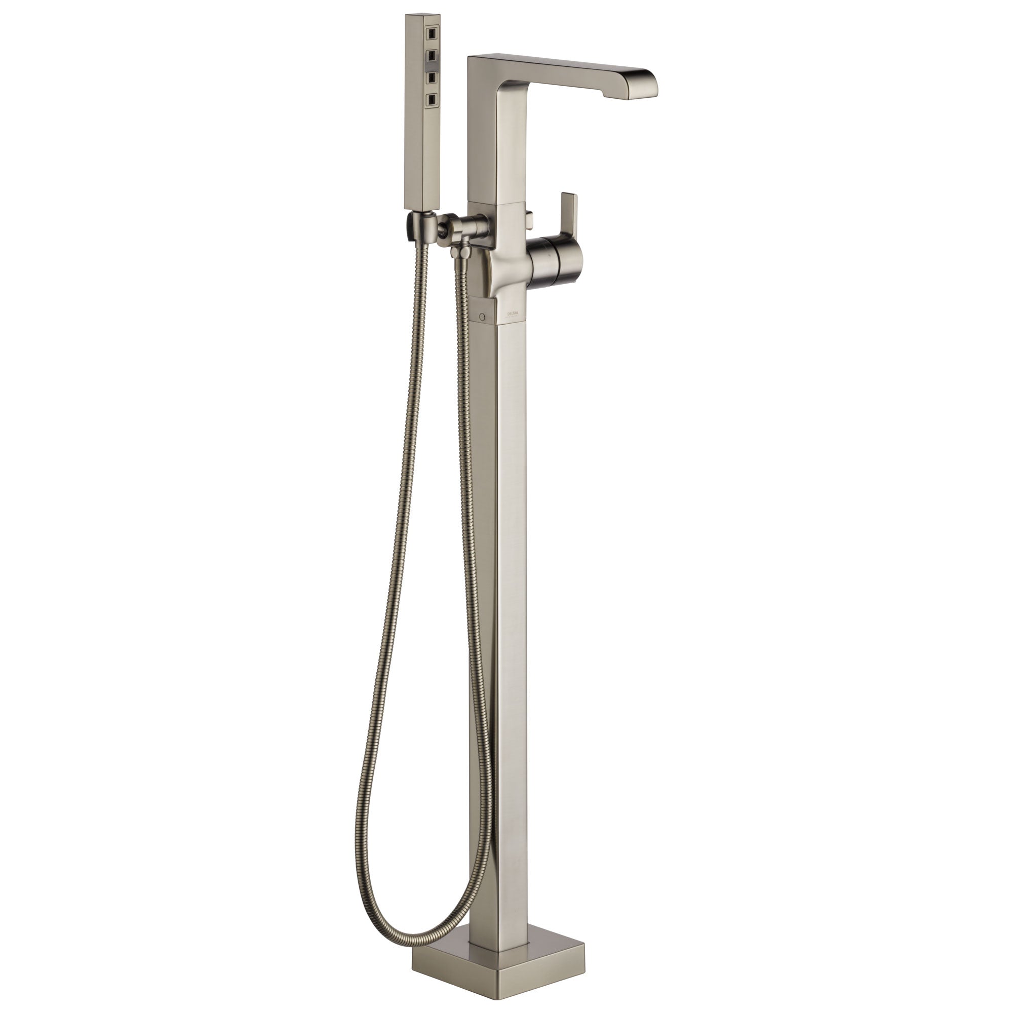 Delta Ara Collection Stainless Steel Finish Floor Mount Freestanding Tub Filler Faucet with Hand Shower Includes Trim Kit and Rough-in Valve D2072V