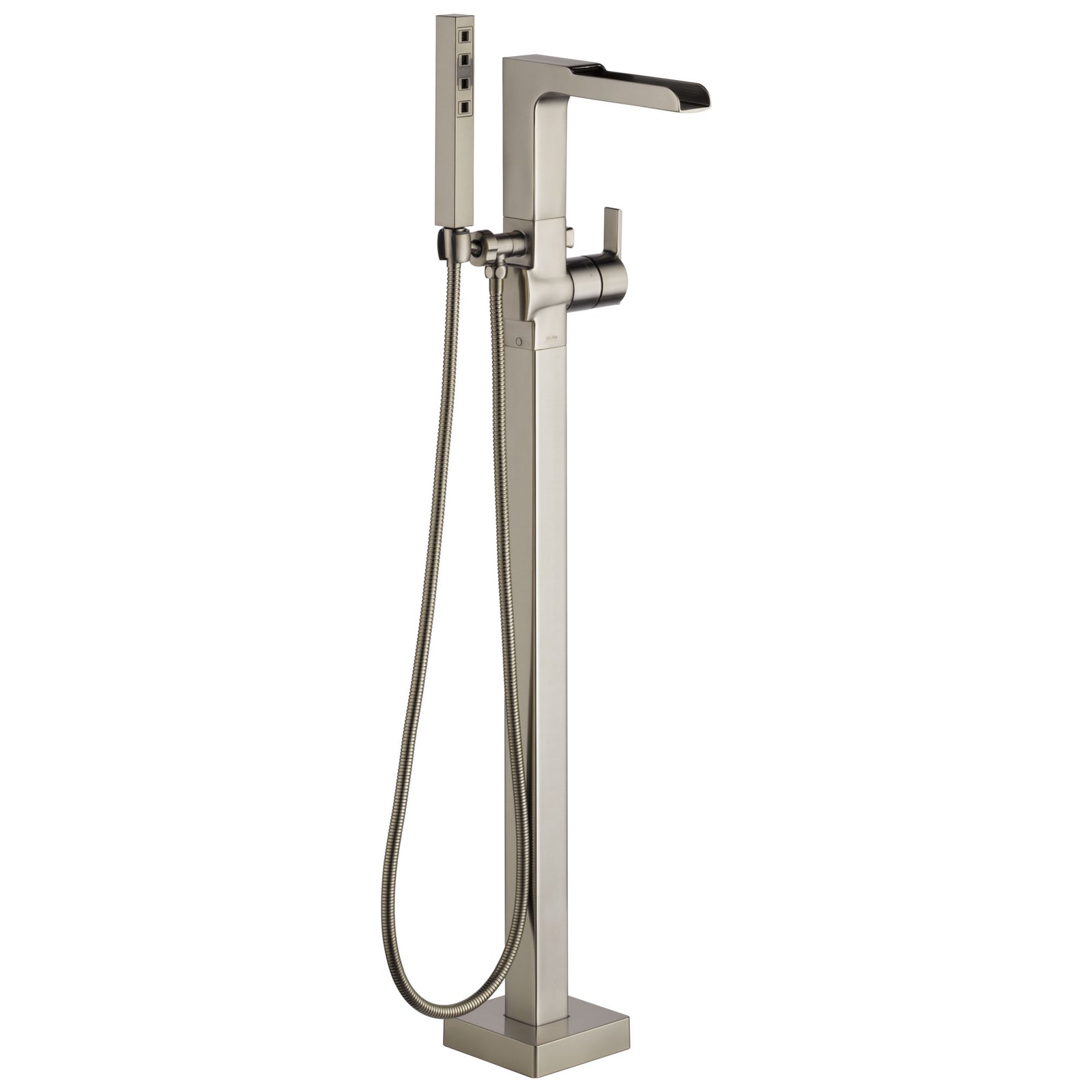 Delta Ara Collection Stainless Steel Finish Floor Mount Freestanding Channel Spout Tub Filler Faucet with Hand Shower Includes Trim Kit and Rough-in Valve D2070V