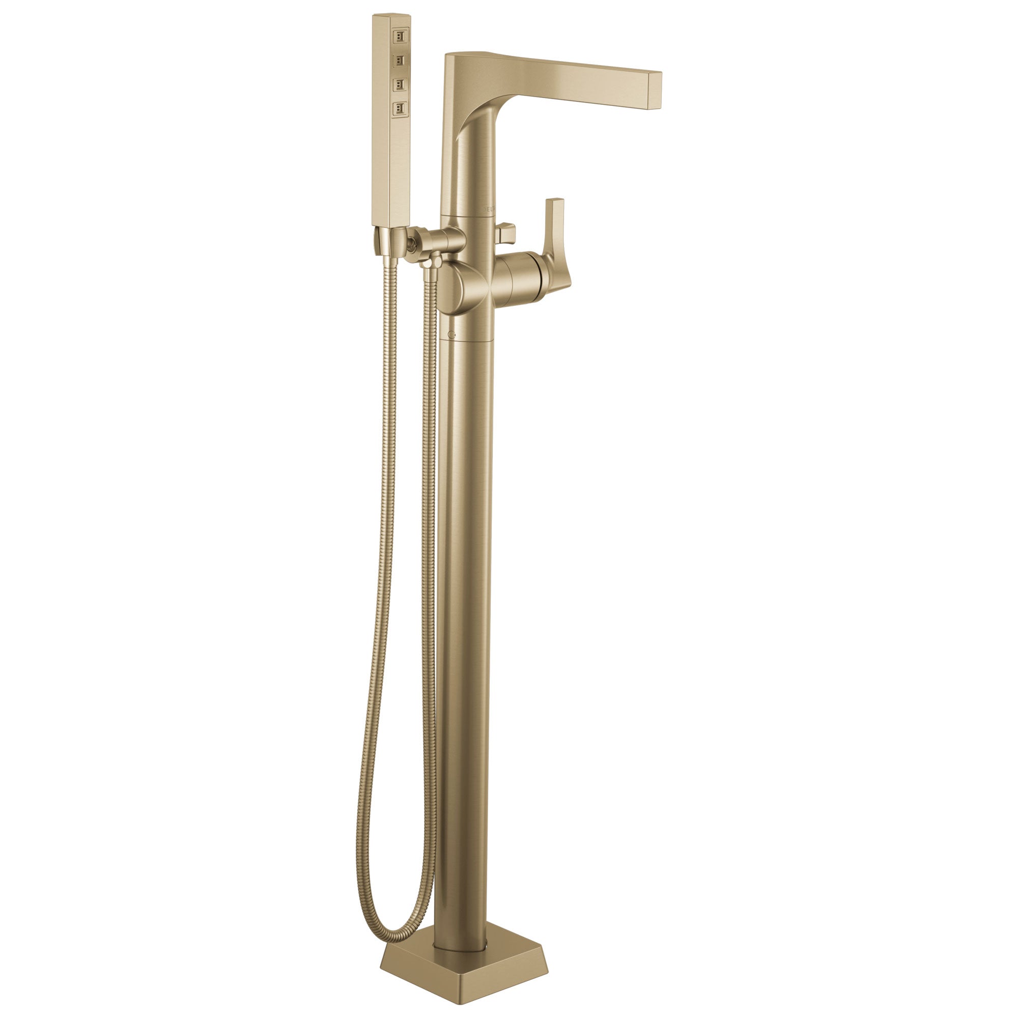 Delta Zura Champagne Bronze Finish Freestanding Floor Mount Tub Filler Faucet with Hand Shower Includes Handle, Cartridge, and Valve D3607V