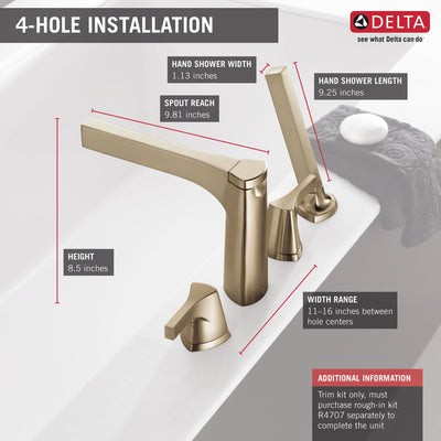 Delta Zura Champagne Bronze Finish 4-hole Deck Mount Roman Tub Filler Faucet with Handshower Includes Lever Handles and Rough-in Valve D3608V