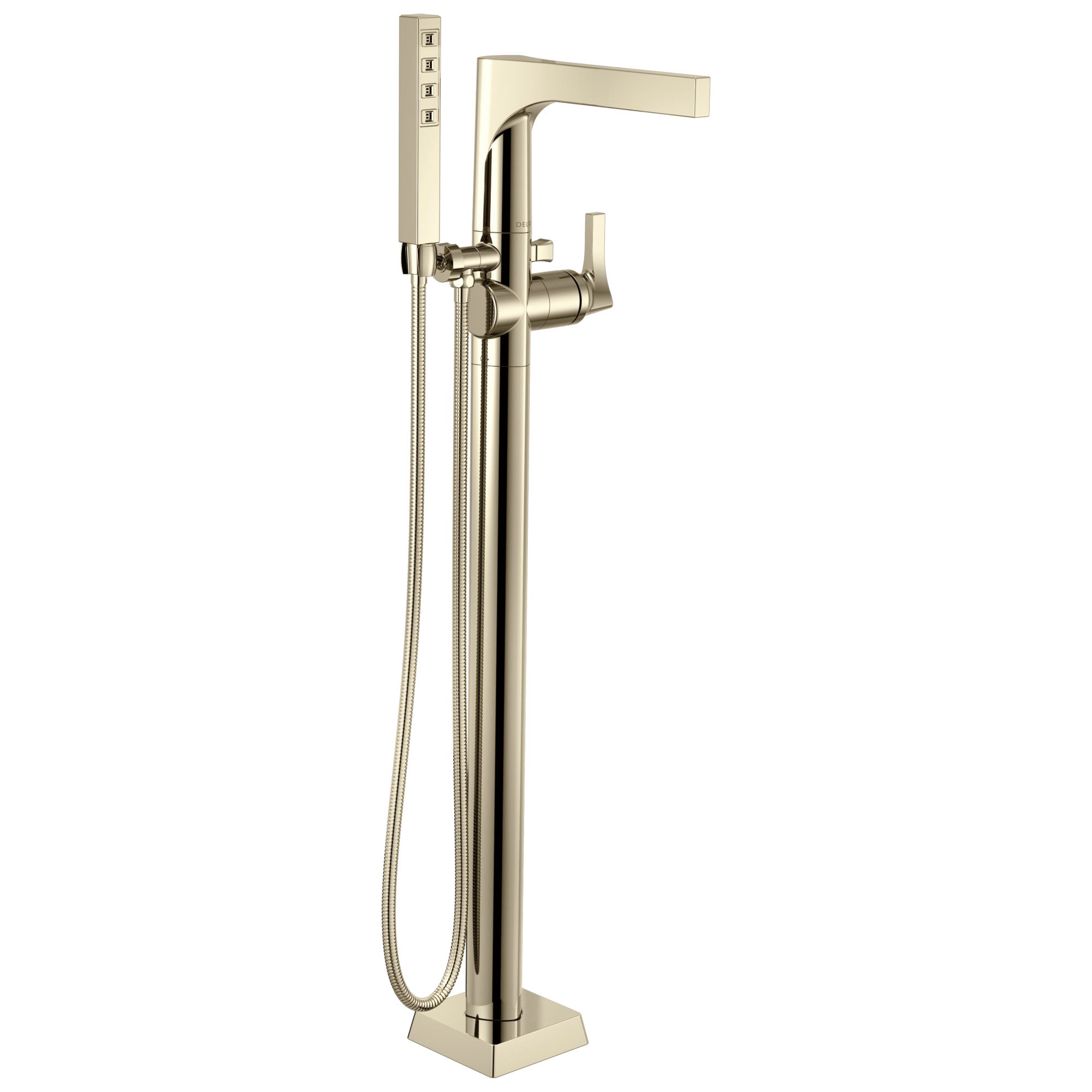 Delta Zura Collection Polished Nickel Modern Floor Mount Freestanding Tub Filler Faucet with Hand Shower Includes Trim Kit and Rough-in Valve D2067V