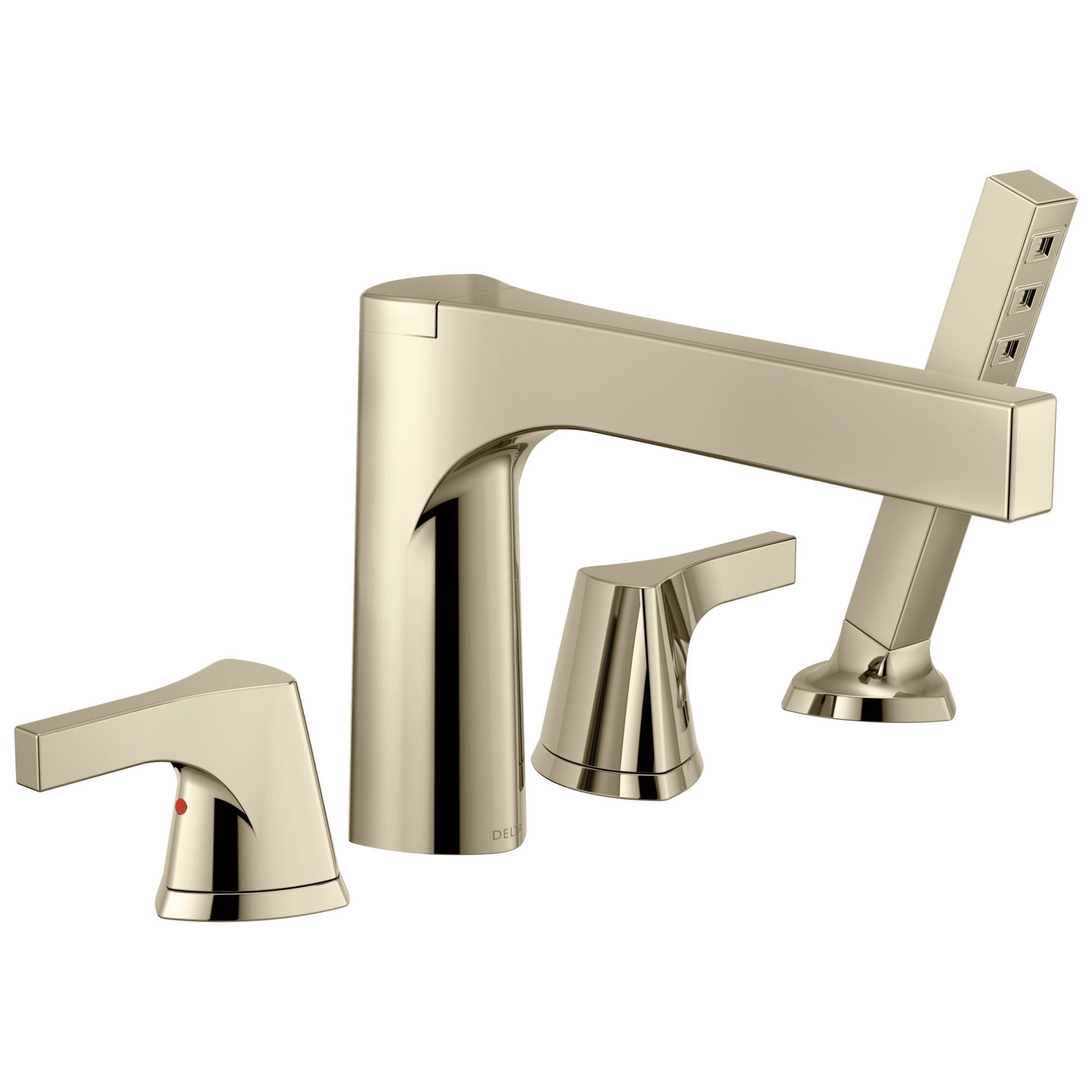 Delta Zura Collection Polished Nickel Contemporary 4-Hole Deck Mounted Roman Tub Filler Faucet with Handheld Shower Trim Kit (Requires Valve) DT4774PN