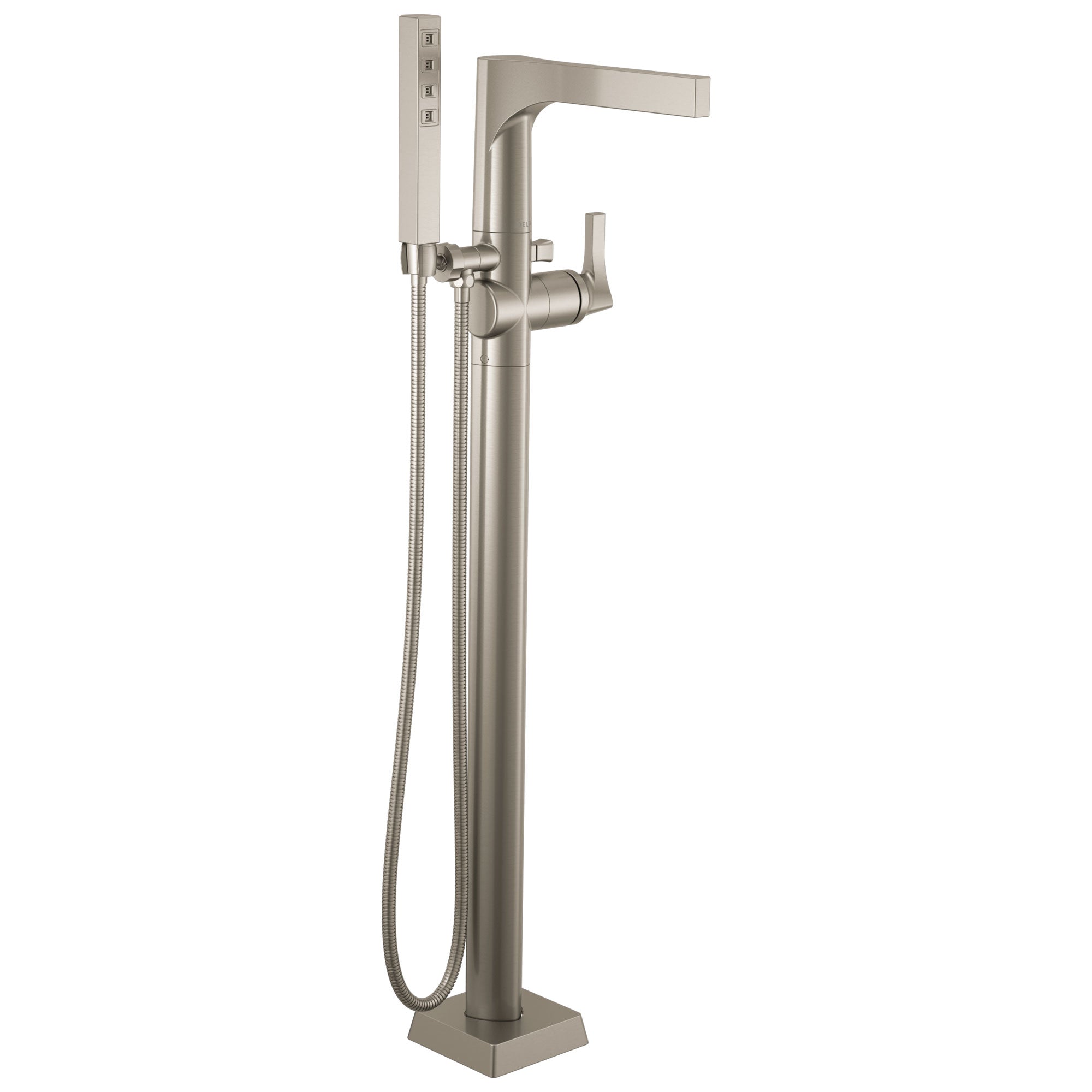 Delta Zura Collection Stainless Steel Finish Modern Floor Mount Freestanding Tub Filler Faucet with Hand Shower Includes Trim Kit and Rough-in Valve D2066V
