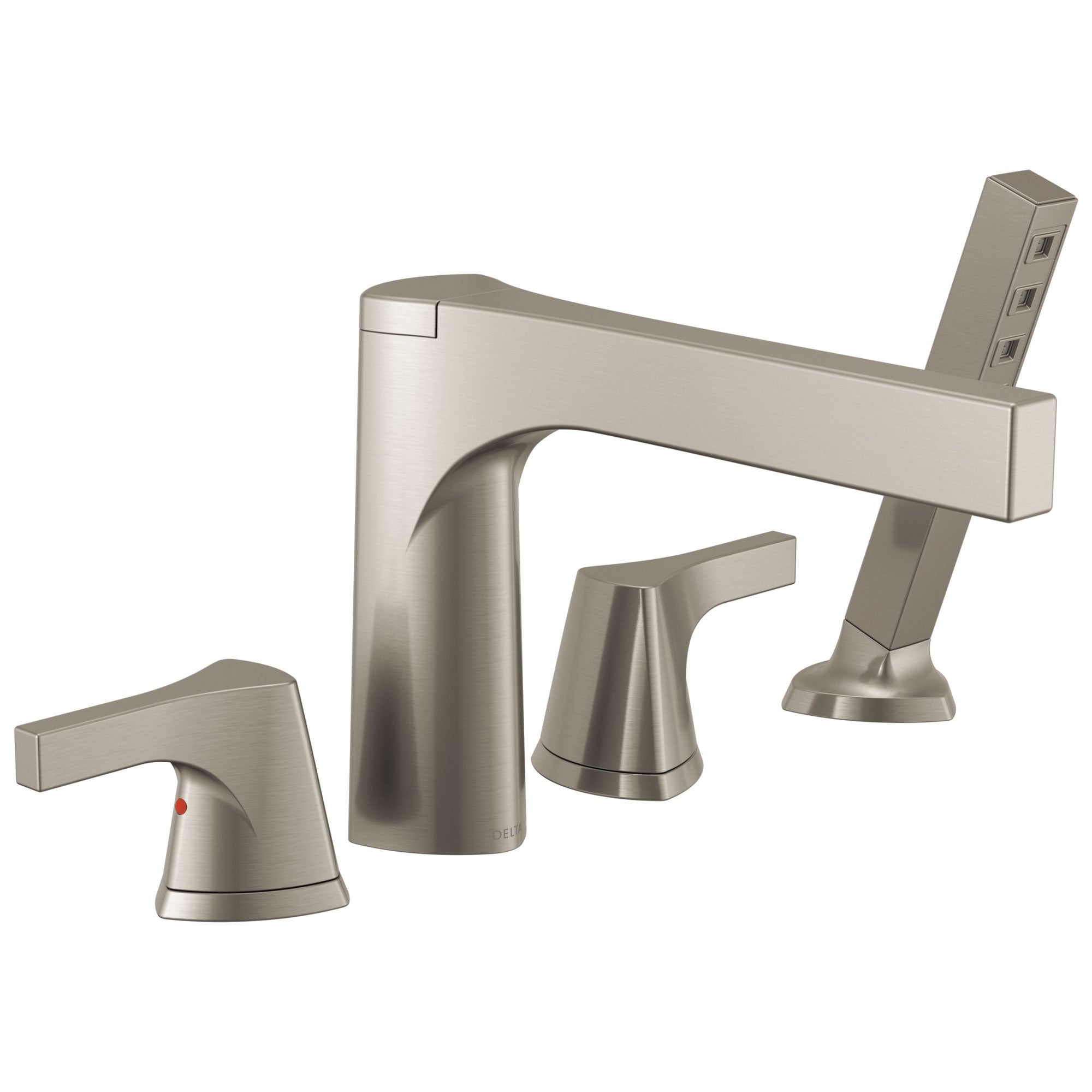 Delta Zura Collection Stainless Steel Finish 4-Hole Roman Tub Filler Faucet with Hand Shower Includes Rough-in Valve D1904V