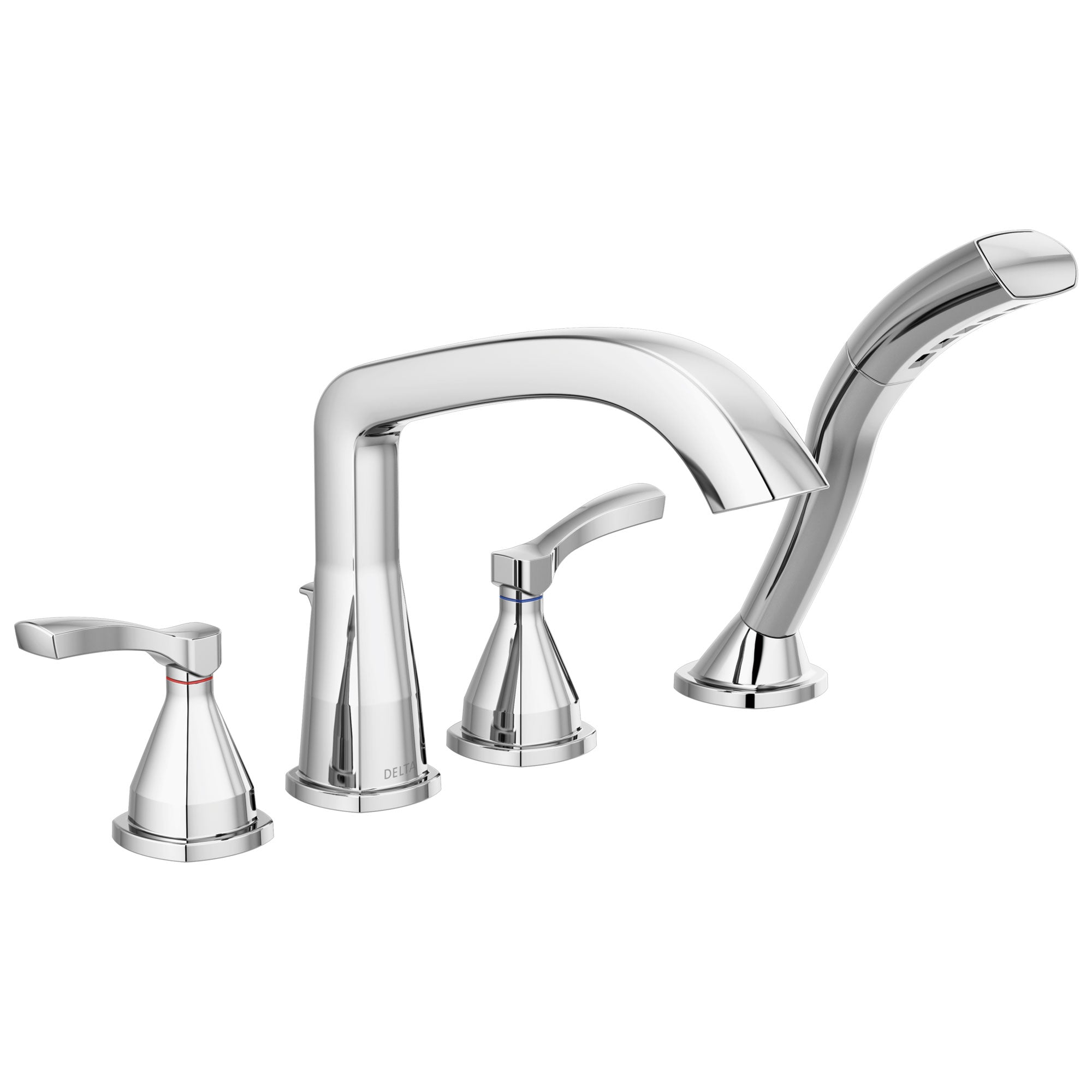 Delta Stryke Chrome Finish Deck Mount Roman Tub Filler Faucet with Hand Shower Includes Rough-in Valve and Lever Handles D3050V
