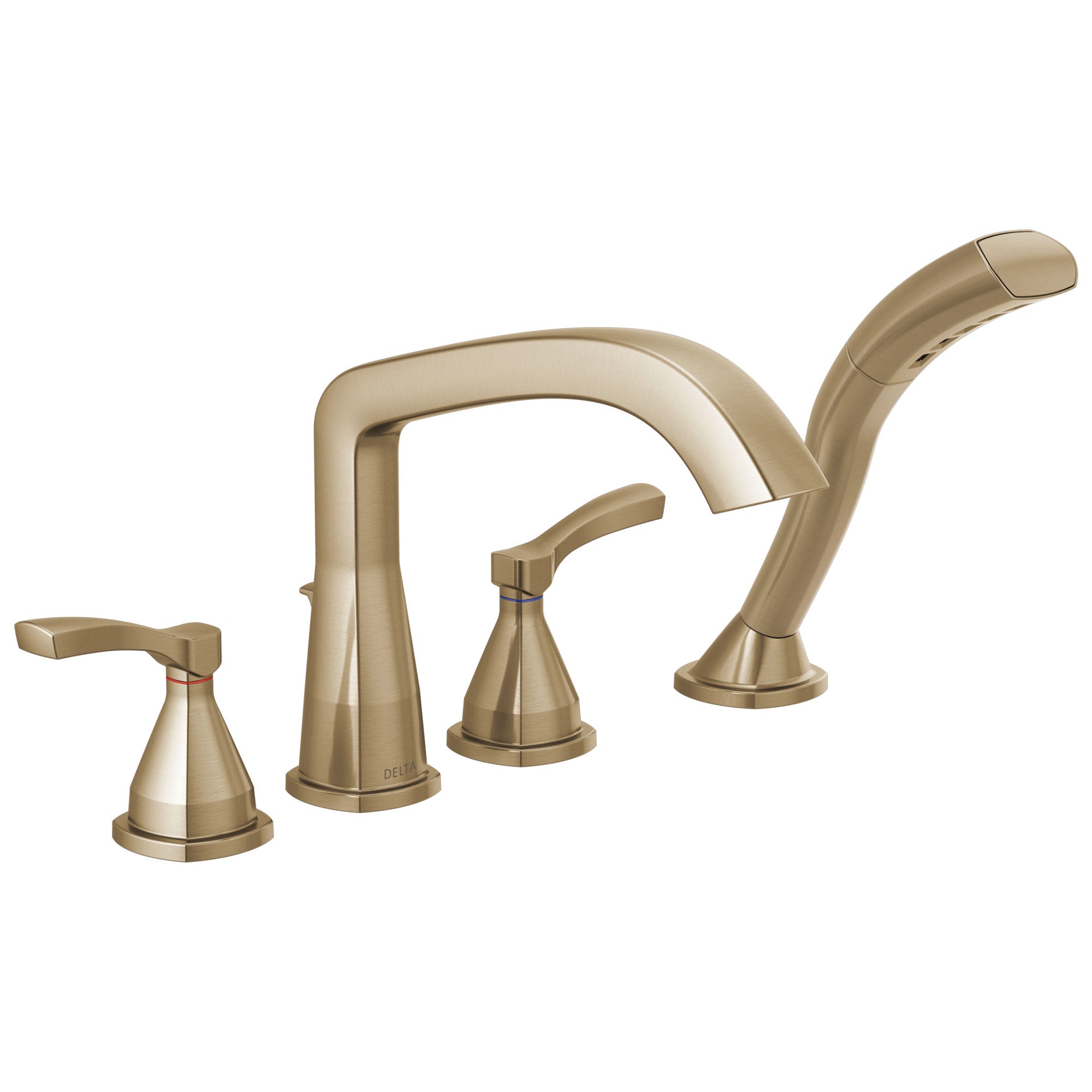 Delta Stryke Champagne Bronze Finish Deck Mount Roman Tub Filler Faucet with Hand Shower Includes Rough-in Valve and Lever Handles D3038V