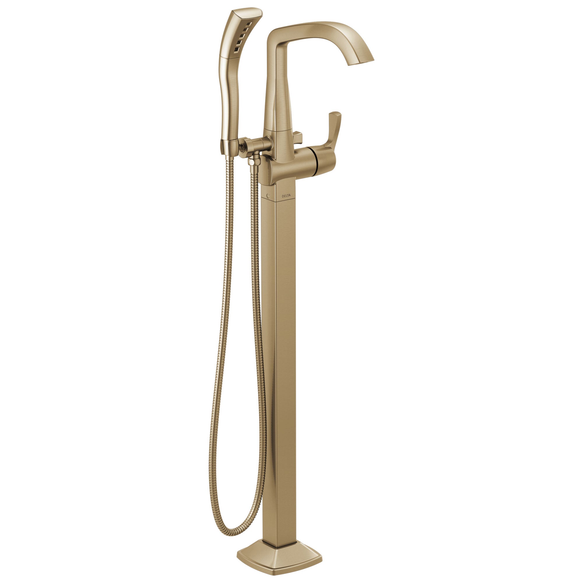 Delta Stryke Champagne Bronze Finish Single Lever Handle Floor Mount Tub Filler Faucet with Hand Sprayer Includes Rough-in Valve D3037V