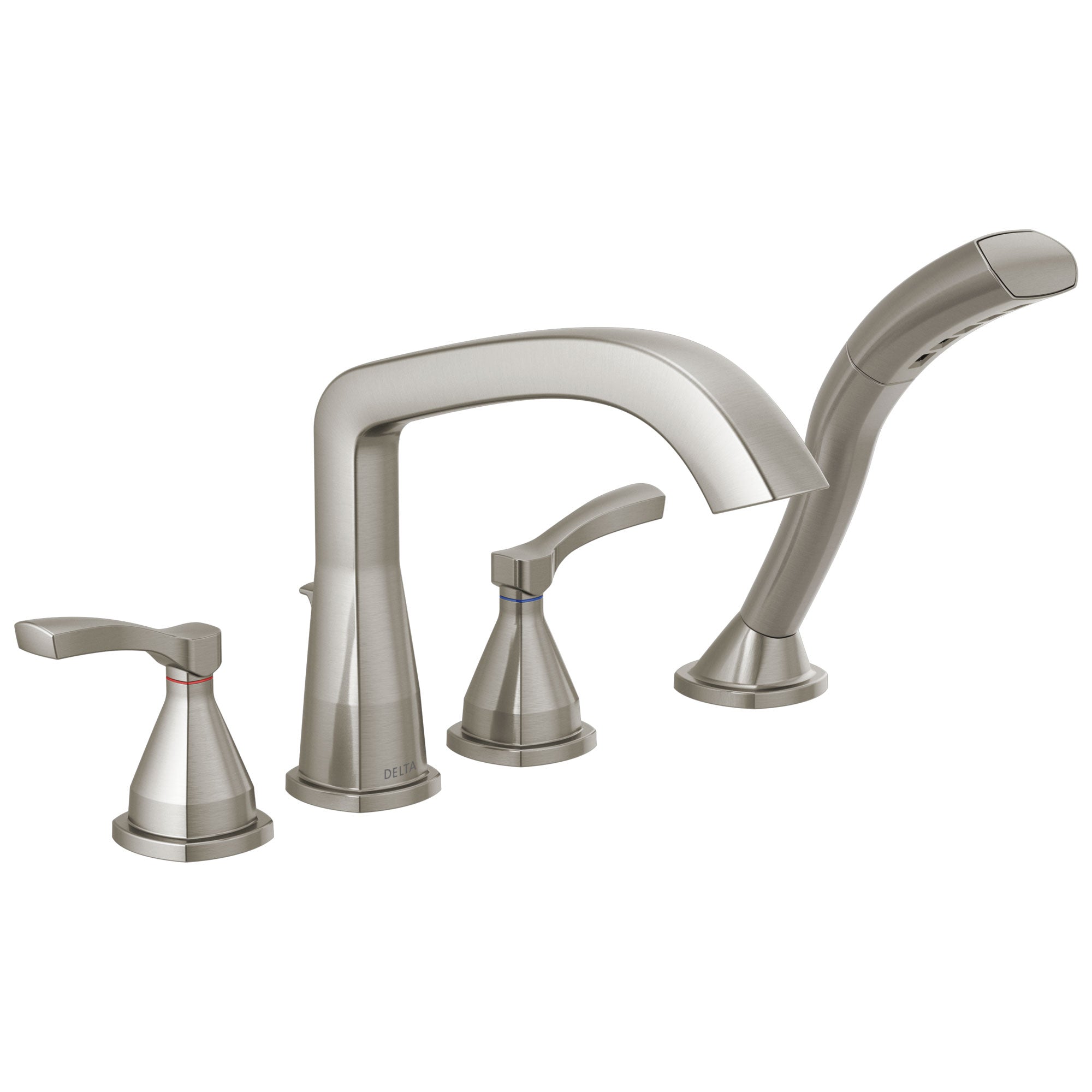 Delta Stryke Stainless Steel Finish Deck Mount Roman Tub Filler Faucet with Hand Shower Includes Rough-in Valve and Lever Handles D3034V