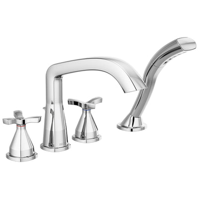 Delta Stryke Chrome Finish Helo Cross Handle Deck Mount Roman Tub Filler Faucet with Hand Shower Includes Rough-in Valve D3049V