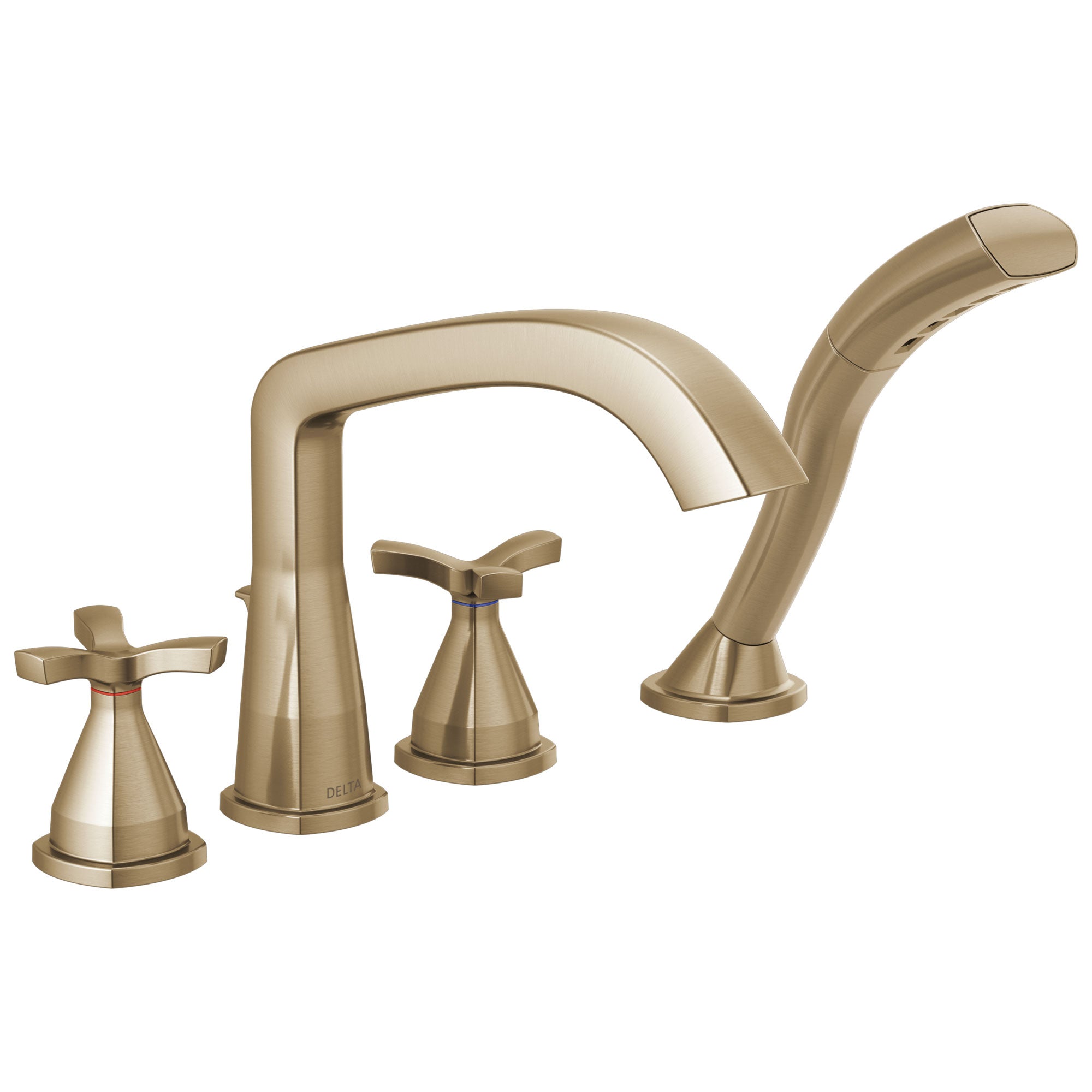 Delta Stryke Champagne Bronze Finish Helo Cross Handle Deck Mount Roman Tub Filler Faucet with Hand Shower Includes Rough-in Valve D3046V