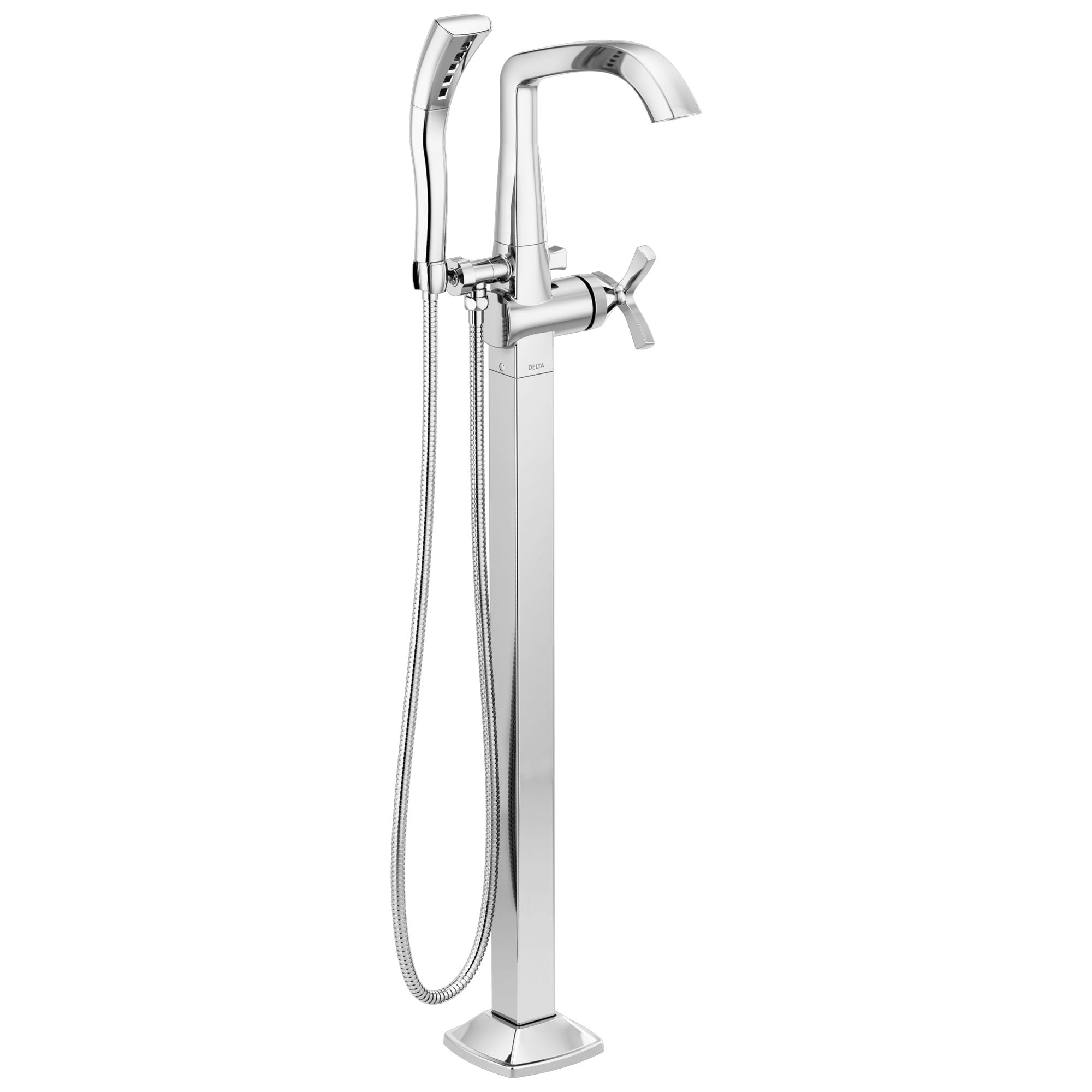 Delta Stryke Chrome Finish Single Helo Cross Handle Floor Mount Tub Filler Faucet with Hand Sprayer Includes Rough-in Valve D3044V