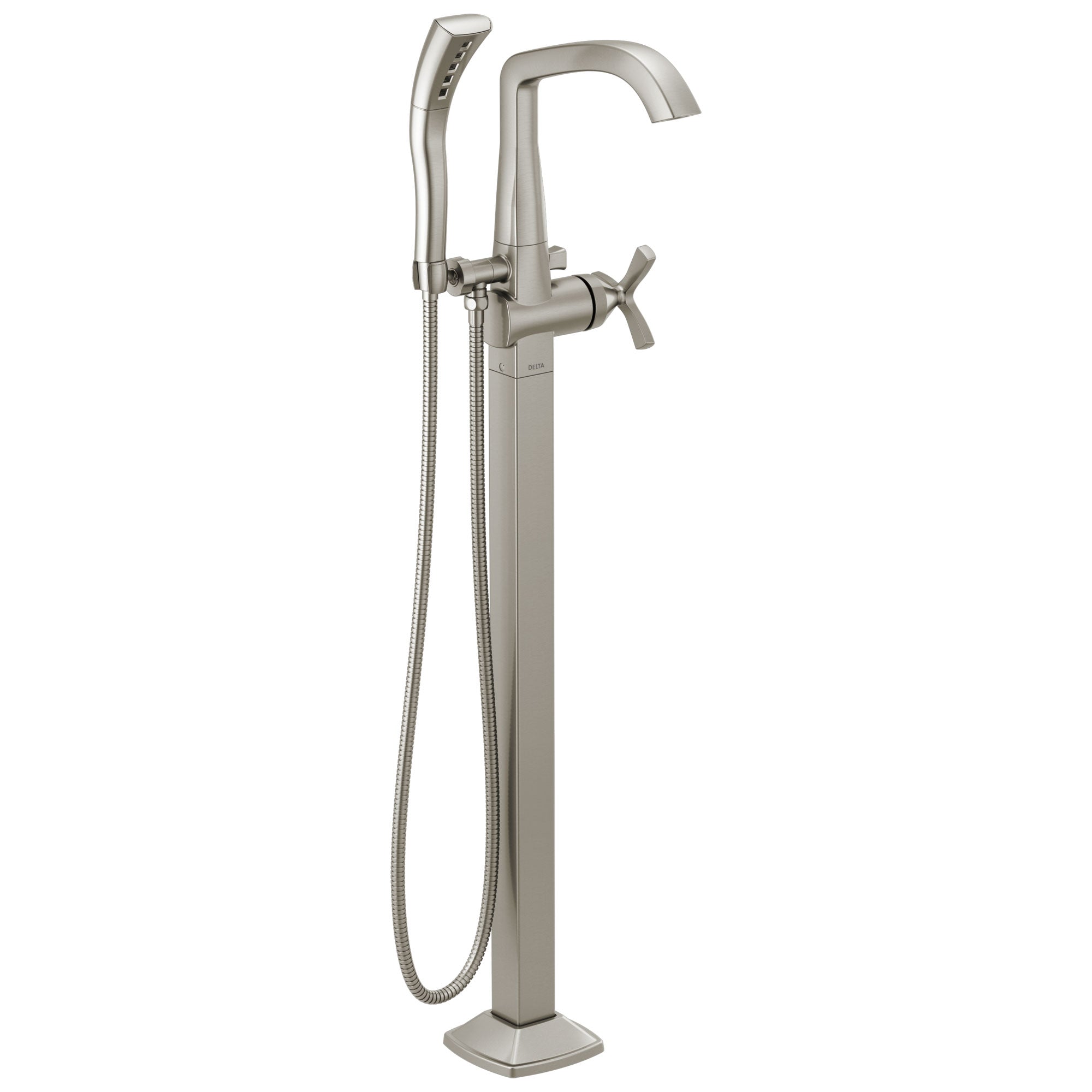 Delta Stryke Stainless Steel Finish Single Helo Cross Handle Floor Mount Tub Filler Faucet with Hand Sprayer Includes Rough-in Valve D3041V
