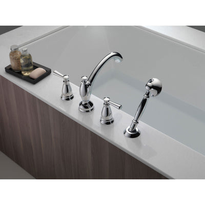 Delta Linden Collection Chrome Finish Deck Mounted Roman Tub Filler Faucet with Hand Shower Sprayer Includes Trim Kit and Rough-in Valve D2065V