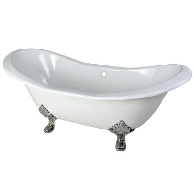 72" Large Cast Iron White Double Slipper Clawfoot Bath Tub with Chrome Feet