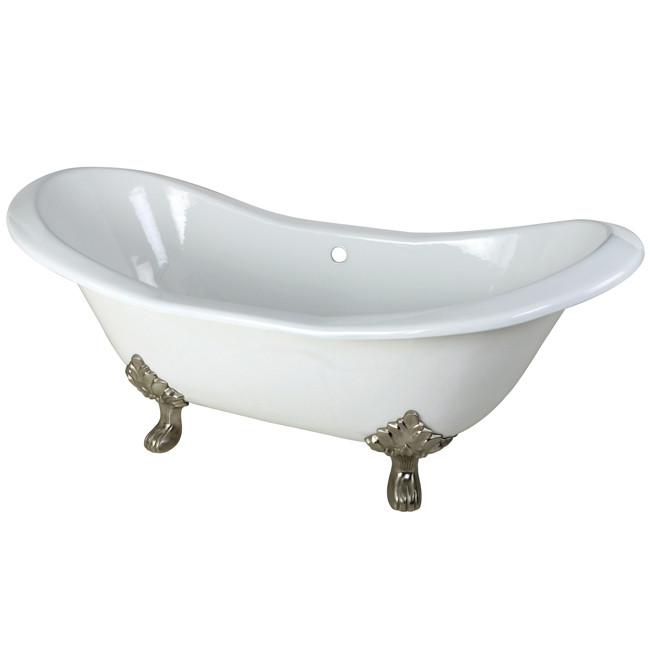 72" Large Cast Iron White Double Slipper Clawfoot Bath Tub w/ Satin Nickel Feet
