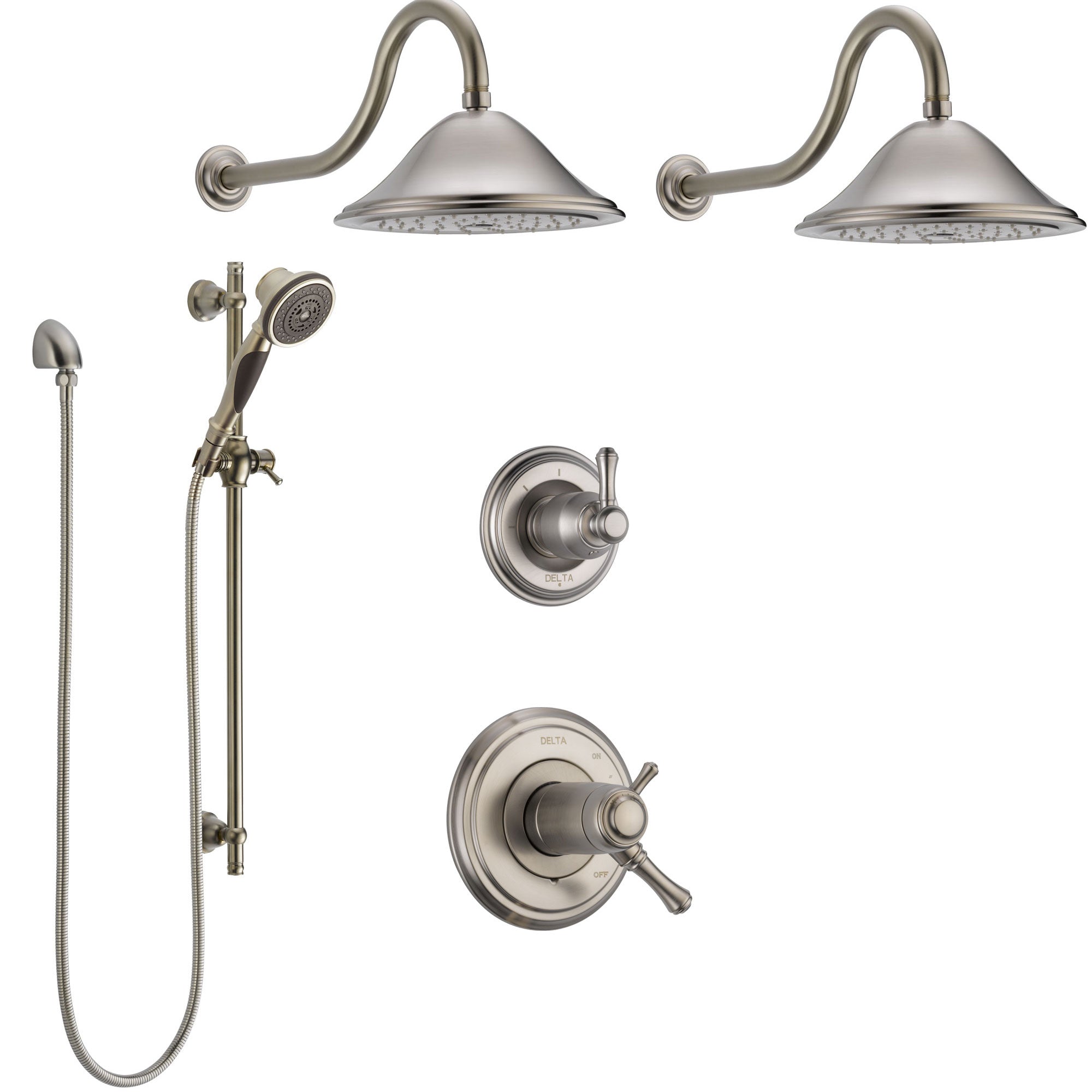 Delta Cassidy Stainless Steel Finish Shower System with Dual Thermostatic Control Handle, 6-Setting Diverter, 2 Showerheads, Hand Shower CUSTOM282V