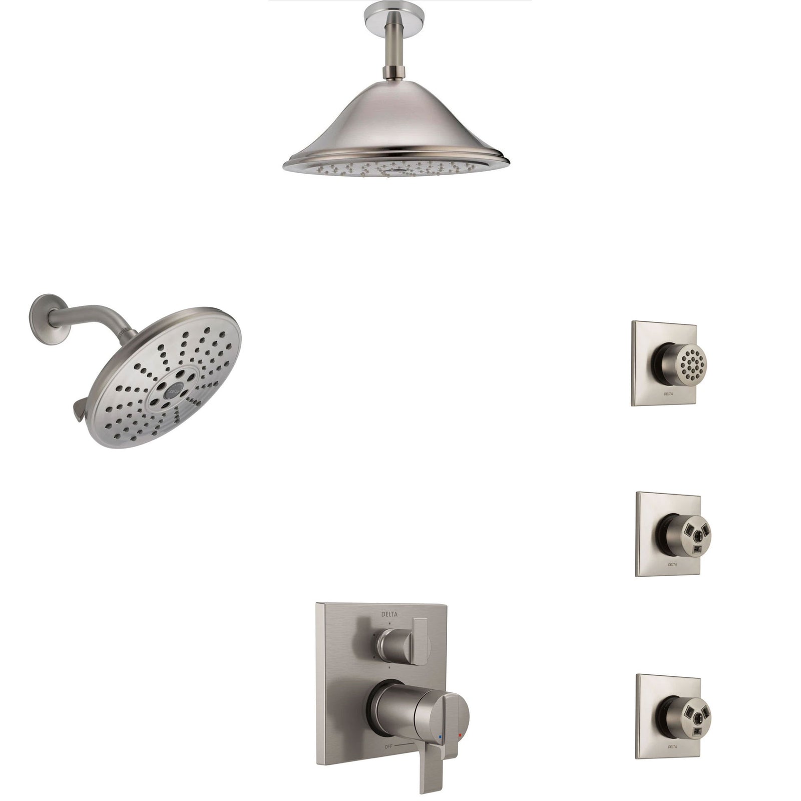 Delta Ara Shower System in Stainless Steel Finish with Ceiling Showerhead, Wall Showerhead, and 3 Body Sprays CUSTOM825V